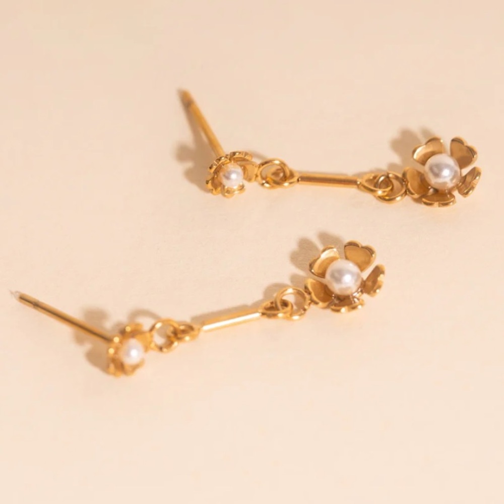 Pearl Flower Dangle Stud Earrings - Screw Back